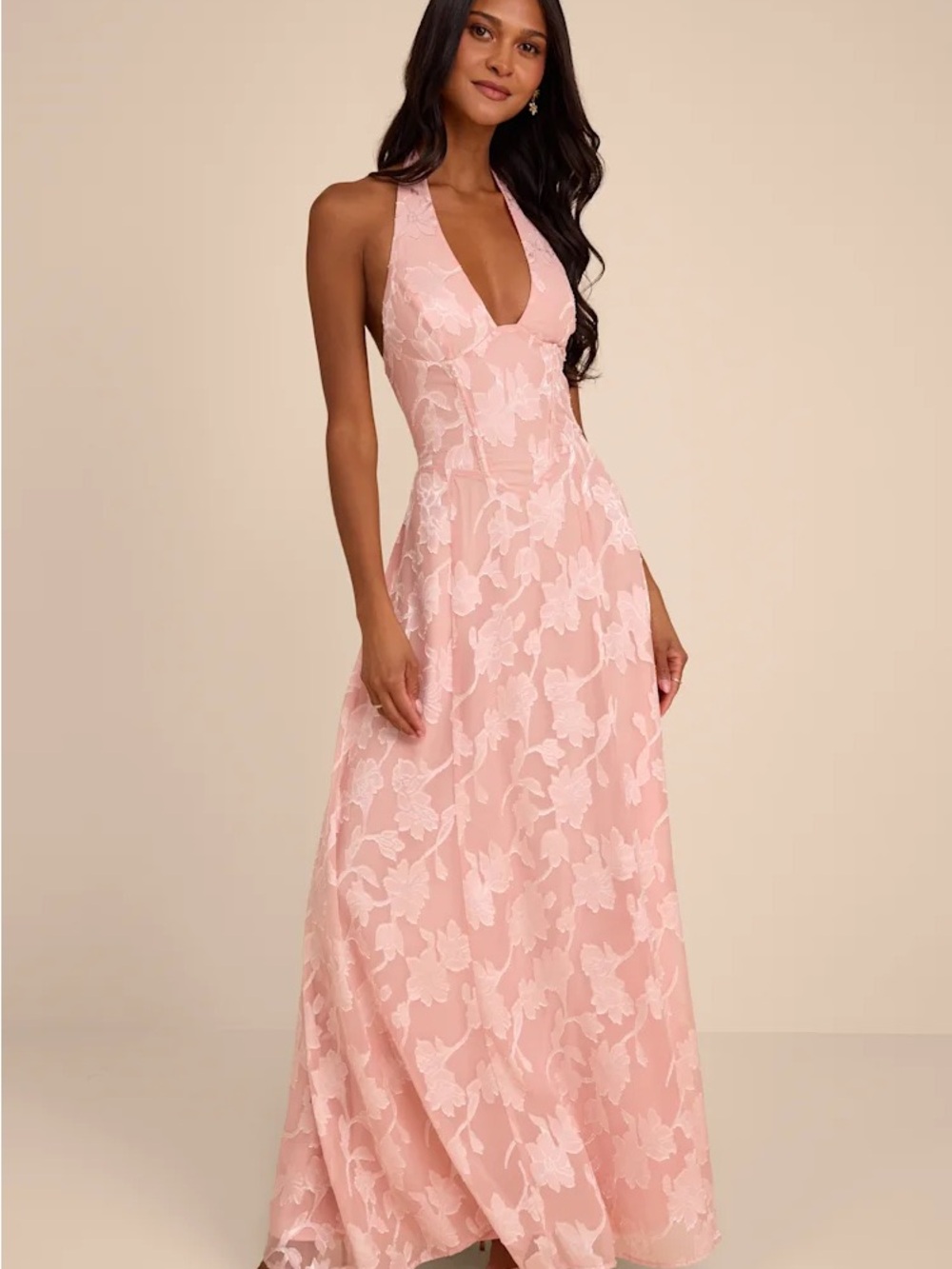 Lulu's Blush Pink Halter Lace Maxi Dress